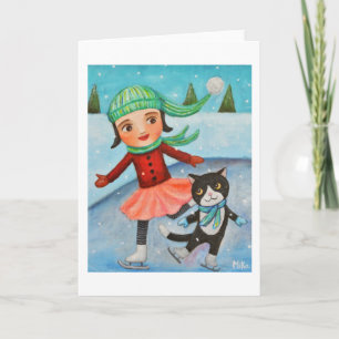 Christmas Card Girl & Cat Ice Skating Winter Card