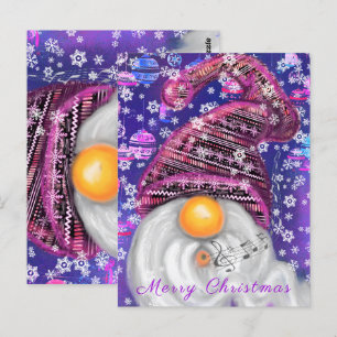 Christmas Card Happy Gnome In Purple Hat Sings