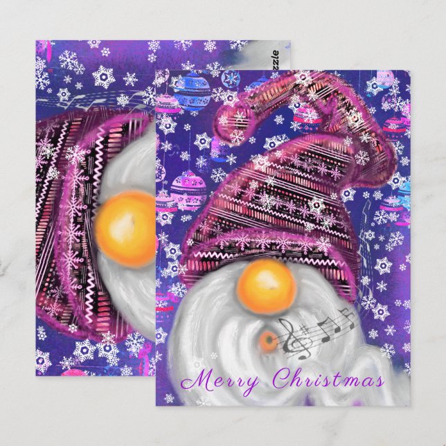 Christmas Card Happy Gnome In Purple Hat Sings (Front/Back)