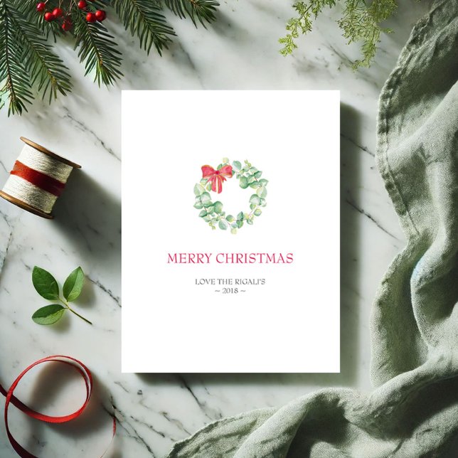 Christmas Card, Holiday Card (Simple Christmas card watercolor botanical wreath in shades of red and green by Victoria Grigaliunas)