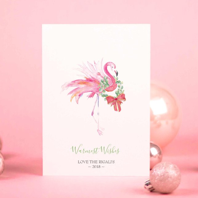 Christmas Card, Holiday Watercolor Pink Flamingo (Flamingo Christmas cards designed using unique tropical watercolor art by Victoria Grigaliunas)