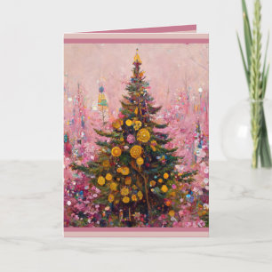 Christmas Card Klimt style droll humour pink tree