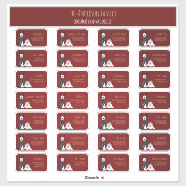 Christmas Card Mailing List Label Set Llama Sheep  (Sheet)