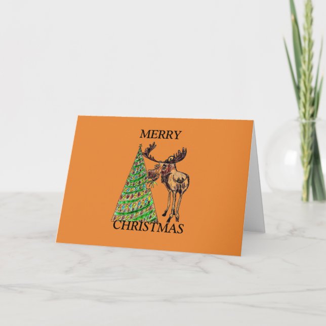 CHRISTMAS CARD - MOOSE EATING CHRISTMAS TREE (Front)