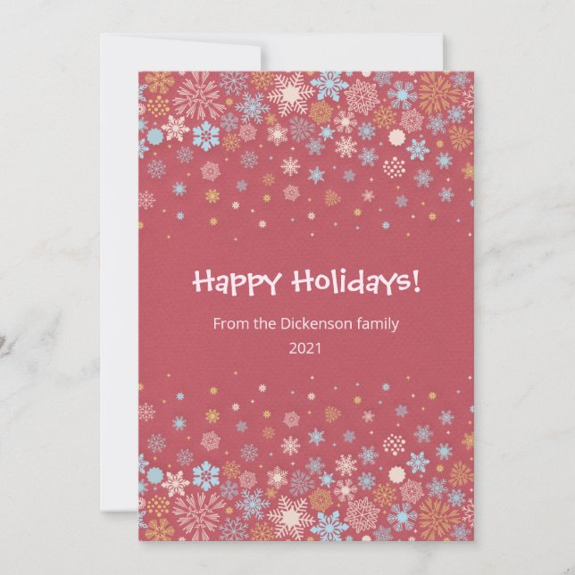 Christmas card of pink, blue and gold snowflakes (Front)