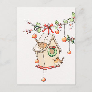 Christmas card, robin under holly holiday postcard