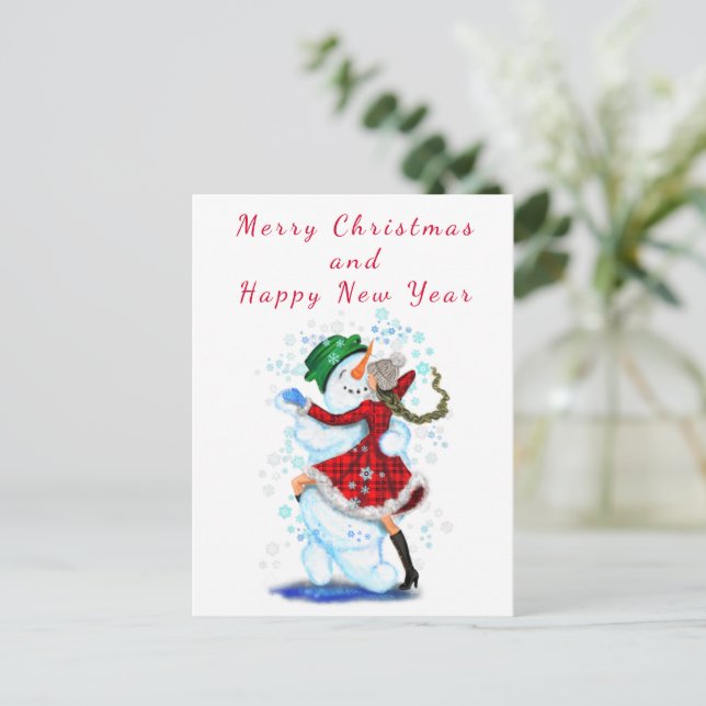 Christmas Card Snowman and Girl Dance - Fun (Standing Front)