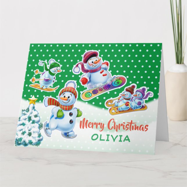 Christmas card snowmen custom name card. (Front)