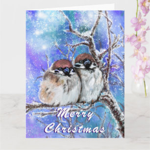 Christmas Card Sparrows Couple In Winter