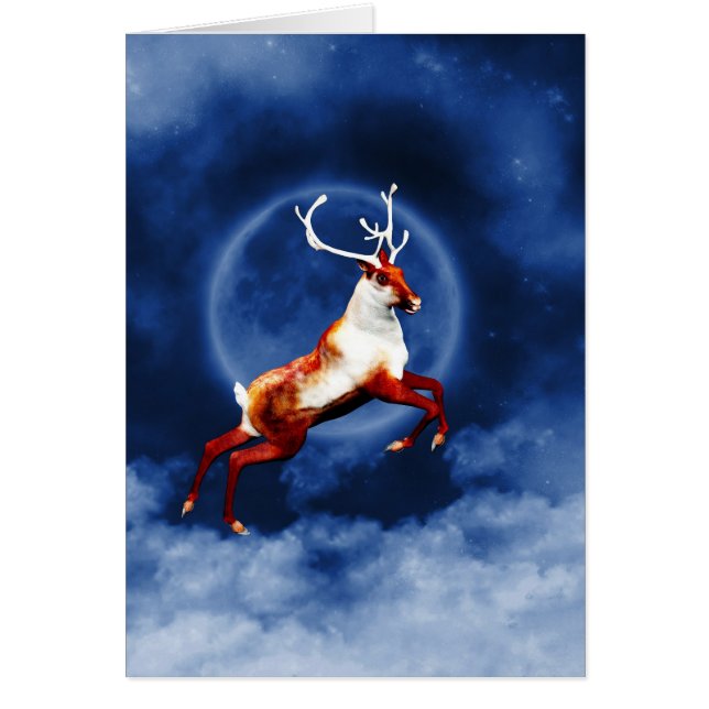 Christmas Card to customize with a flying reindeer (Front)
