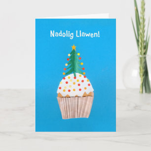 Christmas Card (Welsh) Cupcake with Christmas Tree