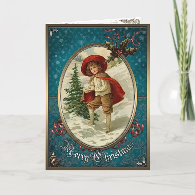 Christmas Card - Winter. Boy with a snowball. (Front)