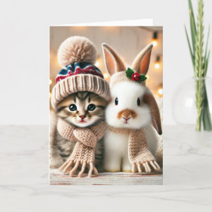 Christmas card with a cat and a bunny