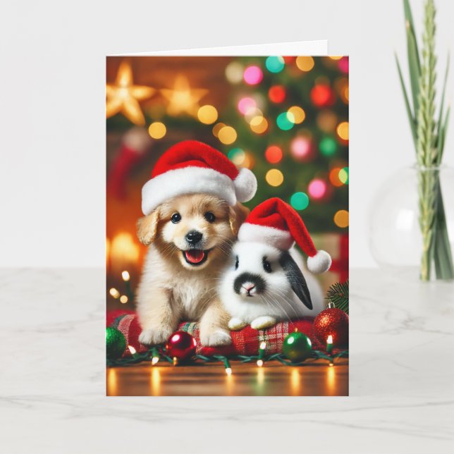 Christmas card with a dog and a bunny (Front)