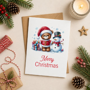Christmas card with bear and snowman image