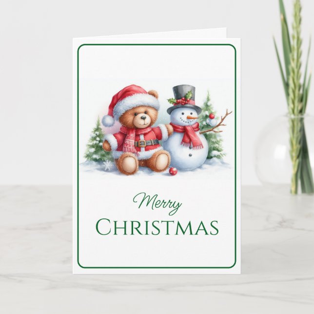 Christmas card with bear and snowman image (Front)