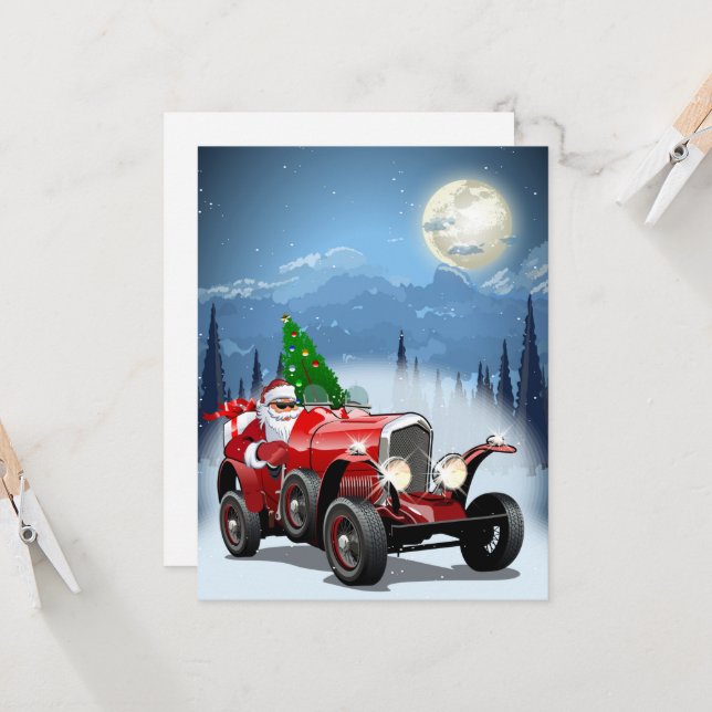 Christmas card with cartoon retro car & cool Santa (Front/Back In Situ)