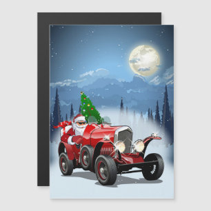 Christmas card with cartoon retro car & cool Santa