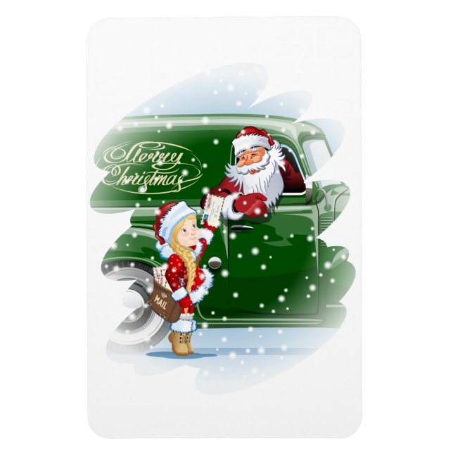 Christmas card with cartoon Santa and Snow Maiden Magnet (Vertical)