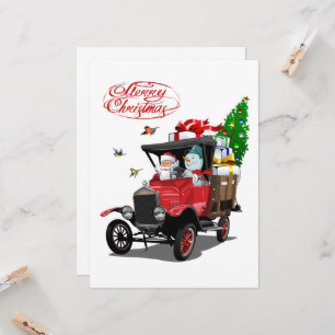 Christmas card with cartoon Santa`s truck