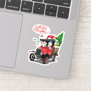 Christmas card with cartoon Santa`s truck