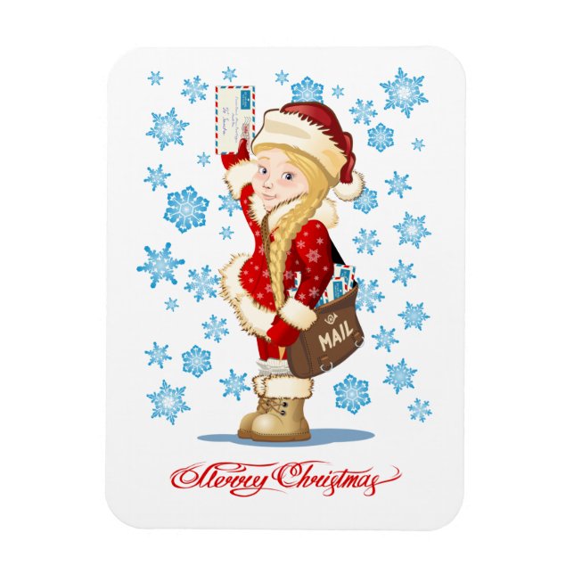 Christmas card with cartoon Snow Maiden - Postman  Magnet (Vertical)