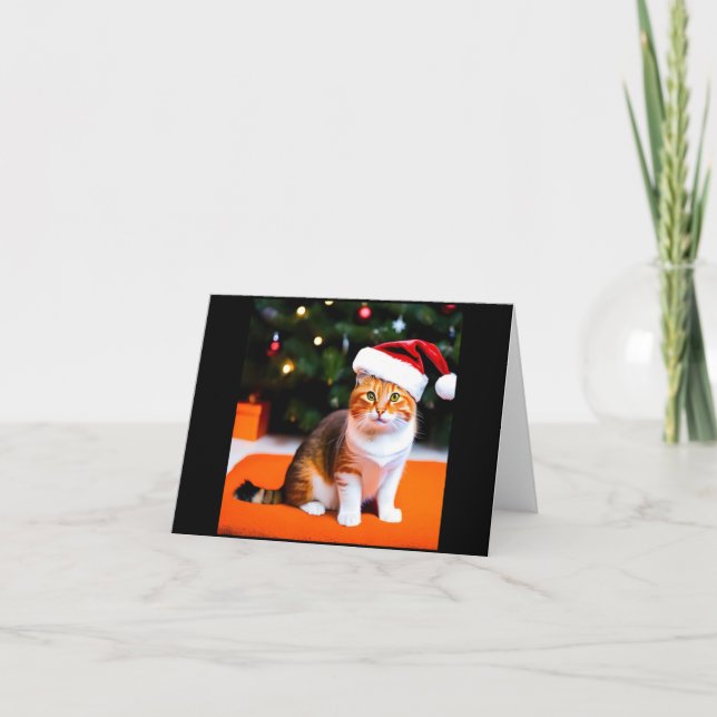 Christmas card with cat wearing Santa hat (Front)