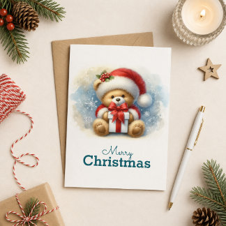 Christmas card with picture of teddy bear and gift