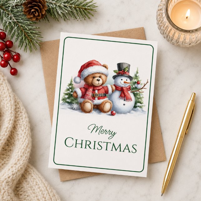 Christmas card with picture of teddy bear and snow (Creator Uploaded)