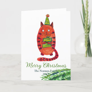 Christmas card with red cat. Watercolor cat