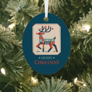 Christmas Card with Reindeer Illustration Design Metal Ornament