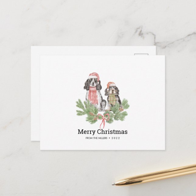 Christmas Card with Springer Spaniel Dog Family  (Front/Back In Situ)