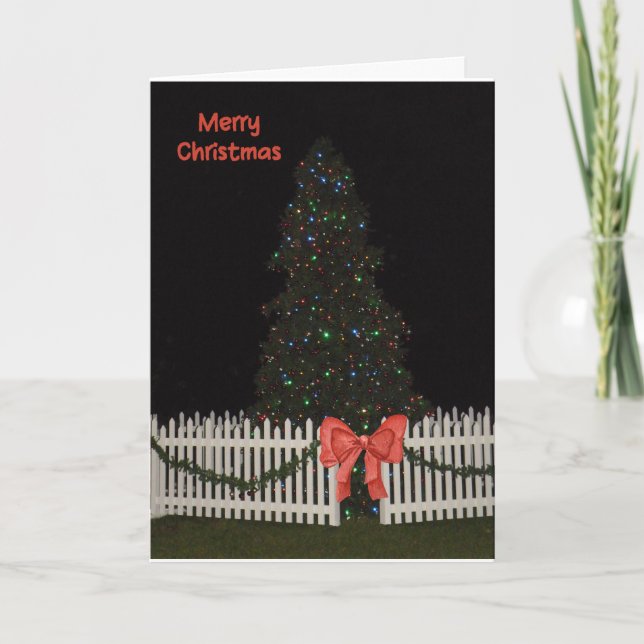 Christmas Card with Tree Lights Picket Fence & Bow (Front)