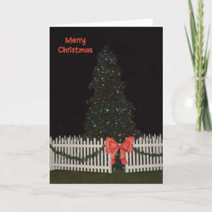 Christmas Card with Tree Lights Picket Fence & Bow