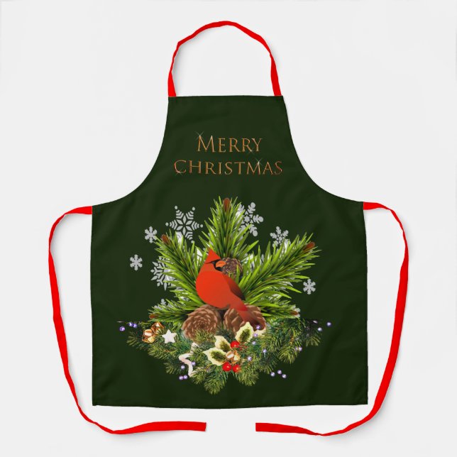 Christmas Cardinal and Greenery Holiday Apron (Front)