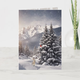 Christmas Cardinal and Rabbit In Snowflakes Card