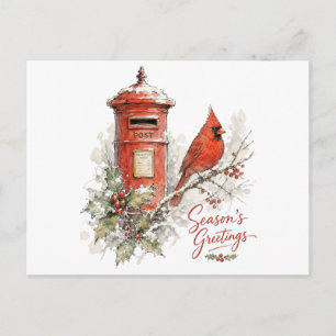 Christmas Cardinal and Red Post Box Postcard
