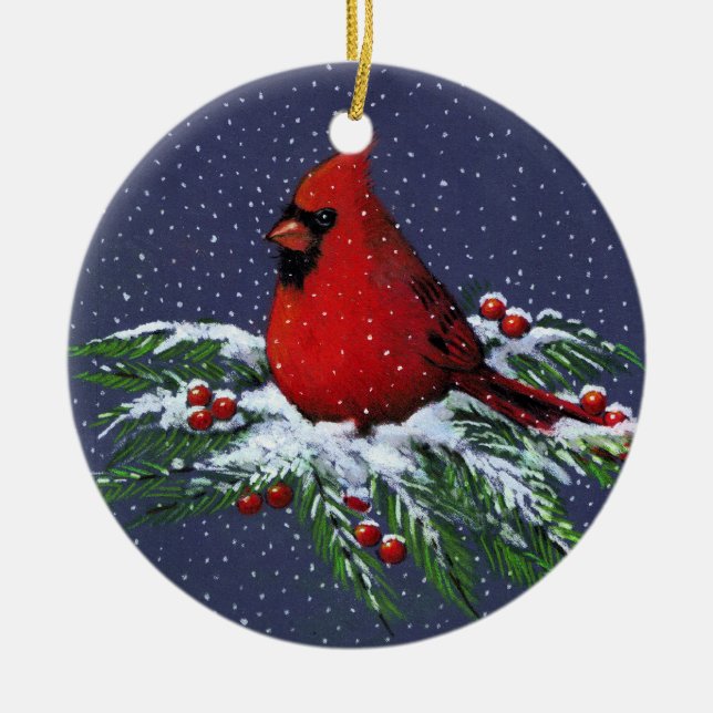 CHRISTMAS CARDINAL: BIRD: SNOW: ART CERAMIC ORNAMENT (Front)