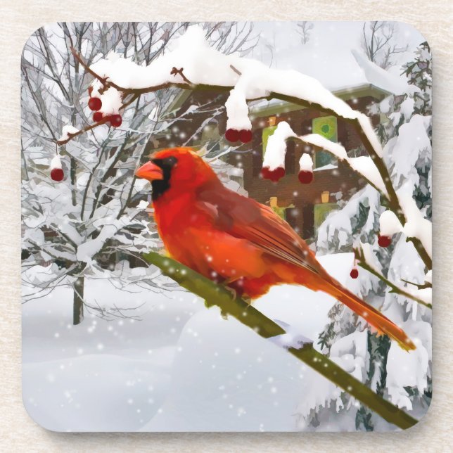Christmas,  Cardinal Bird, Snow, Cork Coaster (Front)