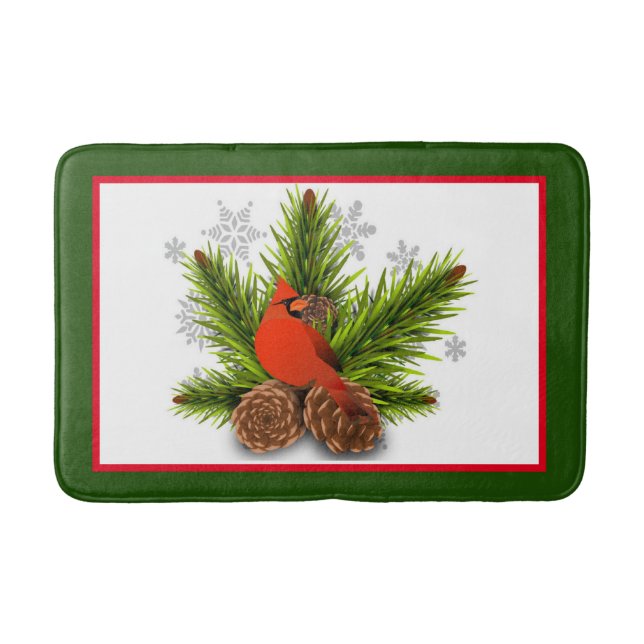 Christmas Cardinal Bird with Pinecones Bath Mat (Front)