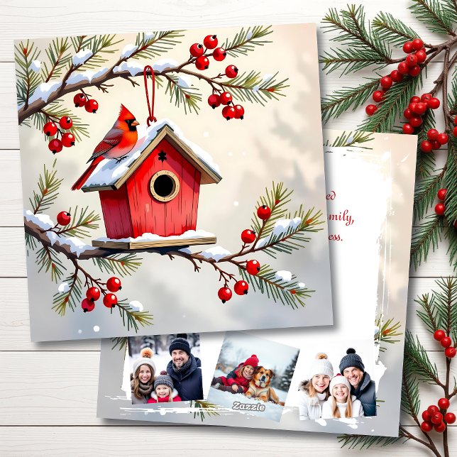 Christmas Cardinal & Birdhouse Personalized  Photo Holiday Card (Creator Uploaded)