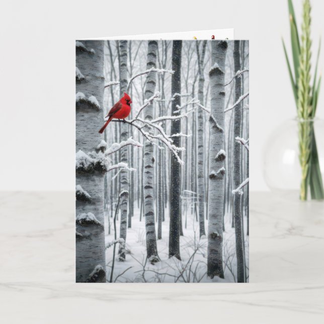Christmas Cardinal In a Birch Tree Forest Holiday Card (Front)