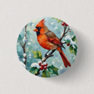 Christmas Cardinal on a Holly Branch 1 Inch Round Button