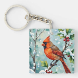 Christmas Cardinal on a Holly Branch Keychain