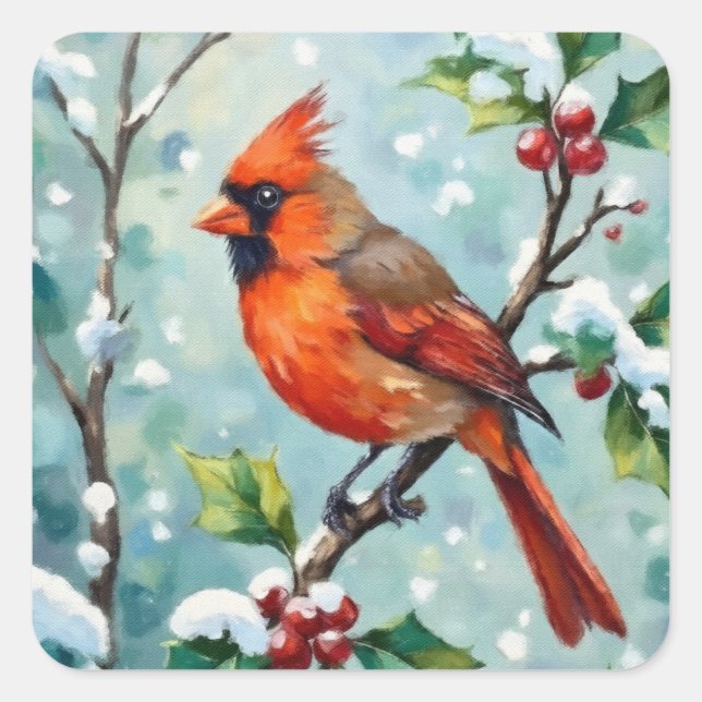 Christmas Cardinal on a Holly Branch Square Sticker (Front)