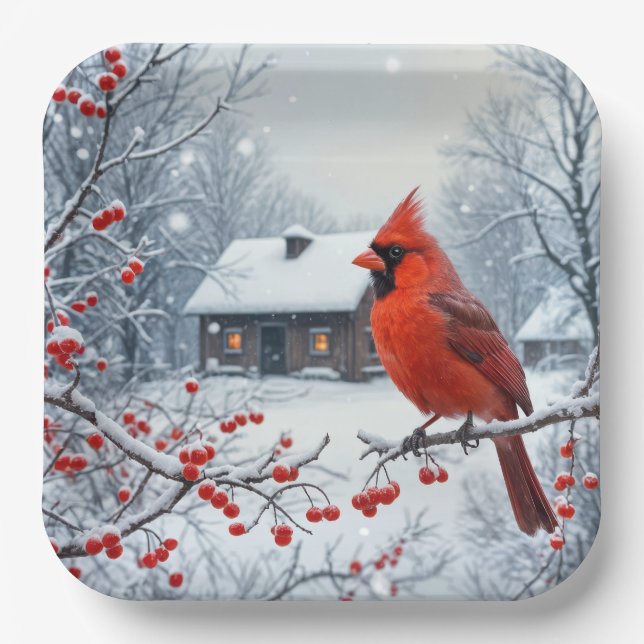 Christmas Cardinal On Berry Branch Paper Plate (Front)