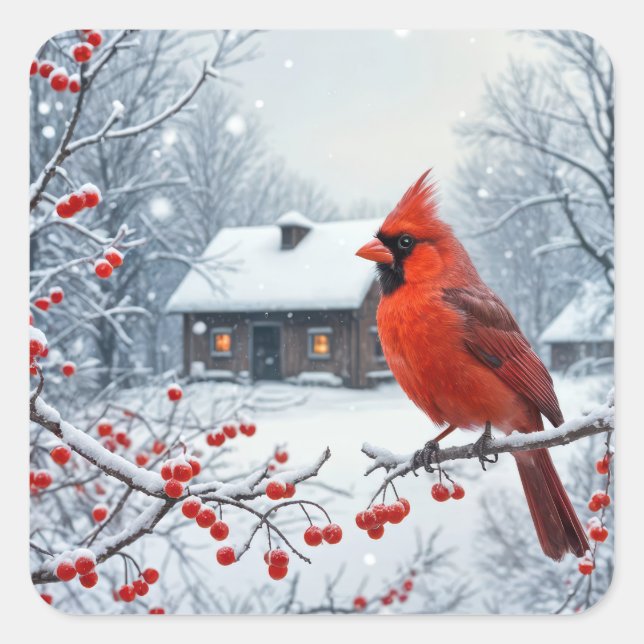 Christmas Cardinal On Red Berry Branch Square Sticker (Front)