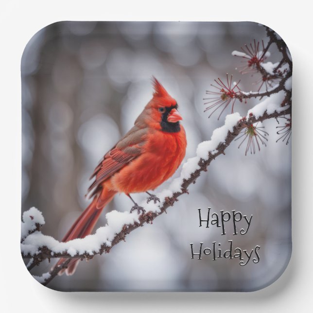 Christmas Cardinal On Winter Branch Paper Plate (Front)