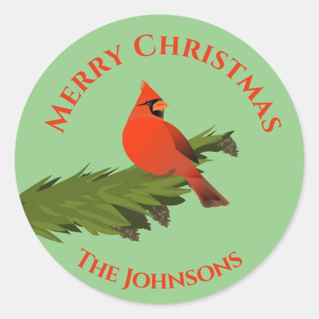 Christmas Cardinal Red Bird Green Sticker Seal (Front)