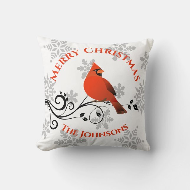 Christmas Cardinal Red Bird Snowflake Pillow (Front)